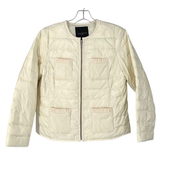 Talbots Light Puffer Jacket Primaloft Ivory Velvet Ruffle Trim Size MP Packable - Picture 1 of 11